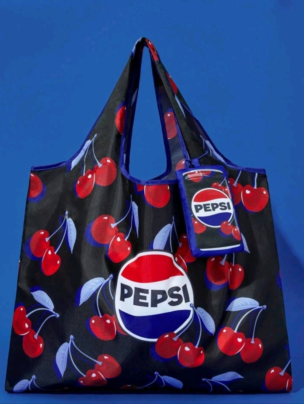 🆕️Pepsi Black Tote with 🍒Pattern and Blue Trim